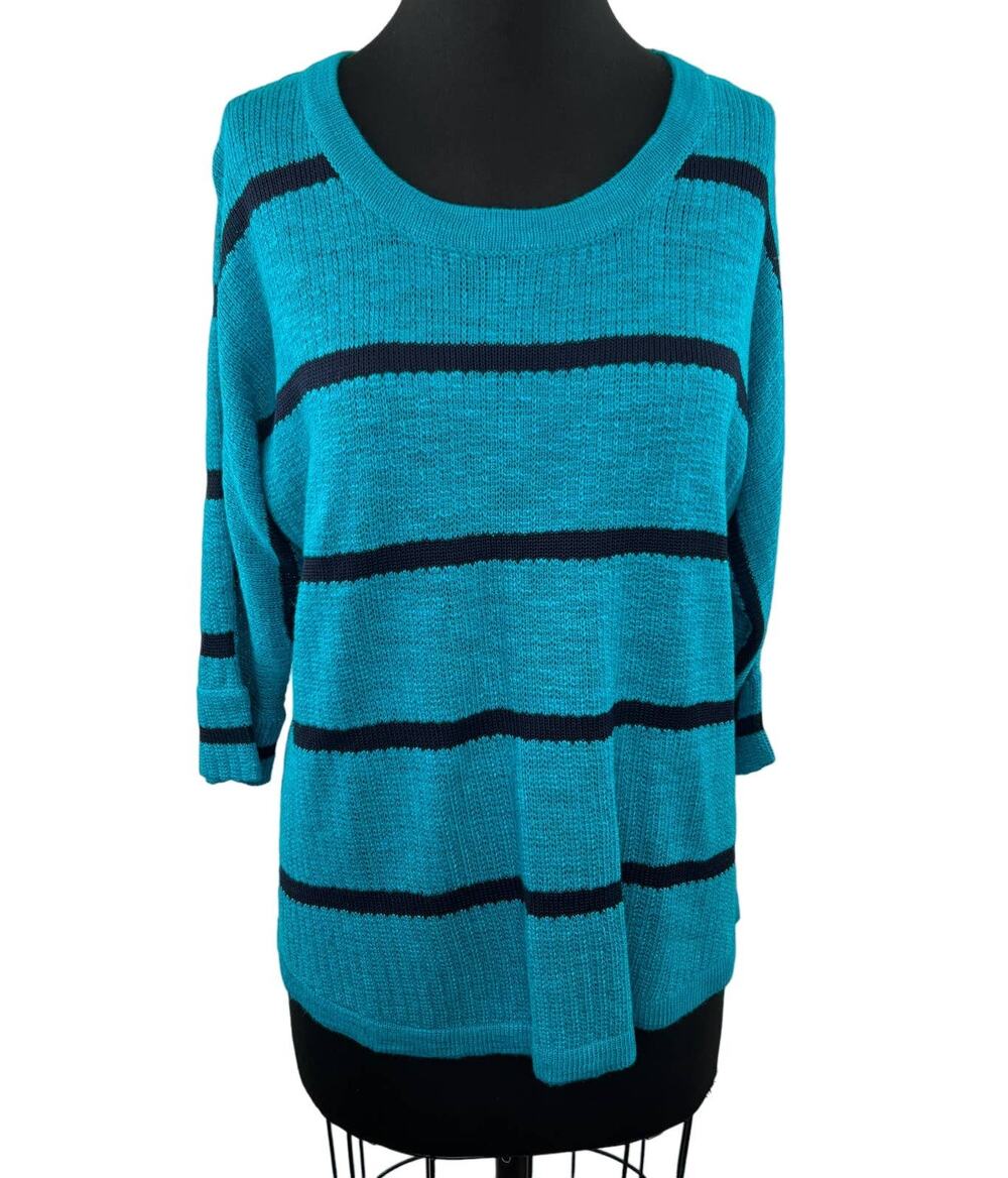 Soft Surroundings Venice Sweater Knit Top Blue Black Stripe 3/4 Sleeve 26447 M